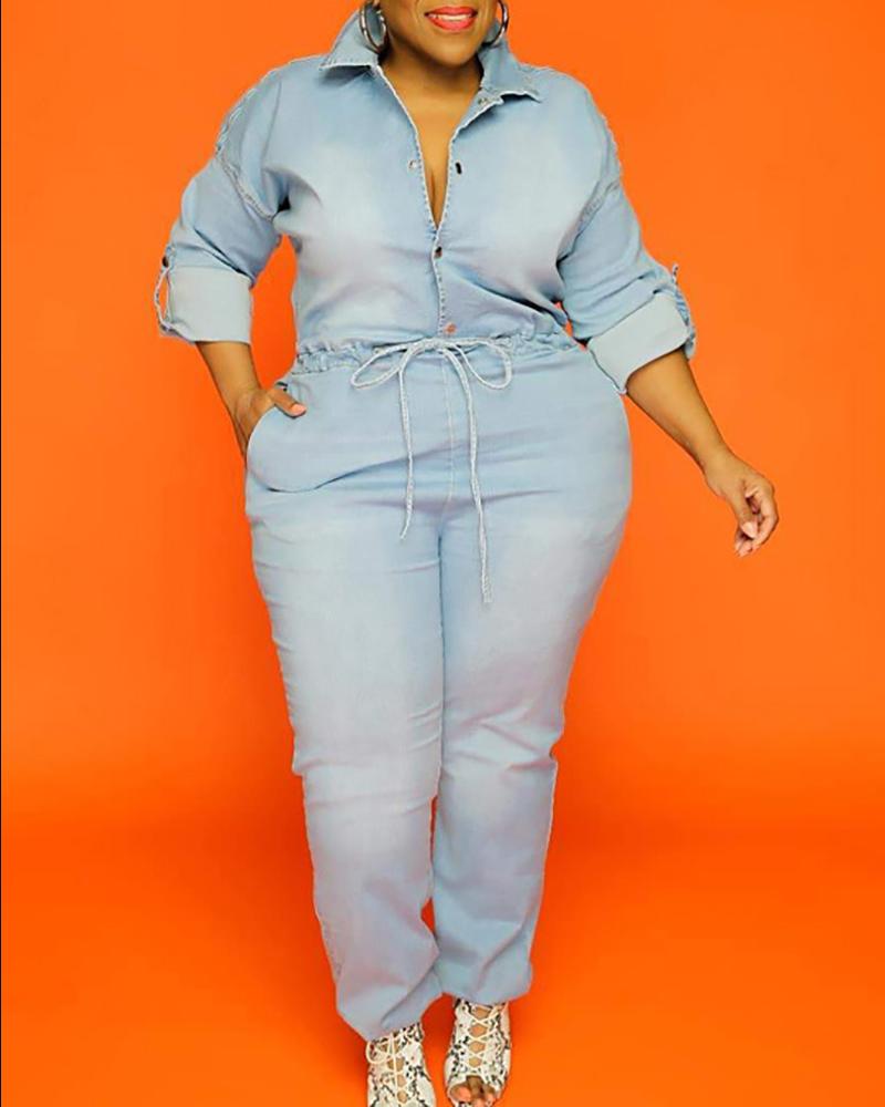 

Plus Size Chain Strap Cutout Back Drawstring Denim Jumpsuit, Light blue