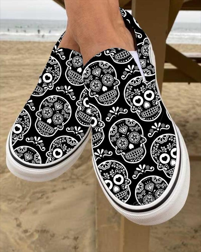 Halloween Skull Print Canvas Slip On Shoes