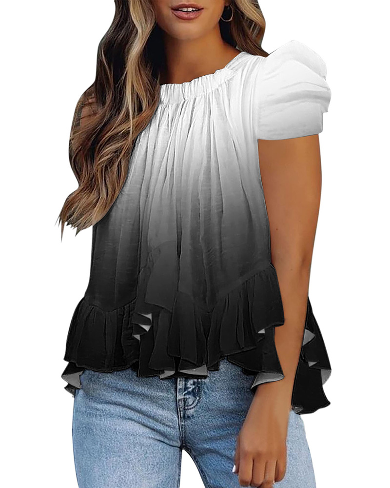 

Ombre Puff Sleeve Ruched Ruffles T-shirt, Gray