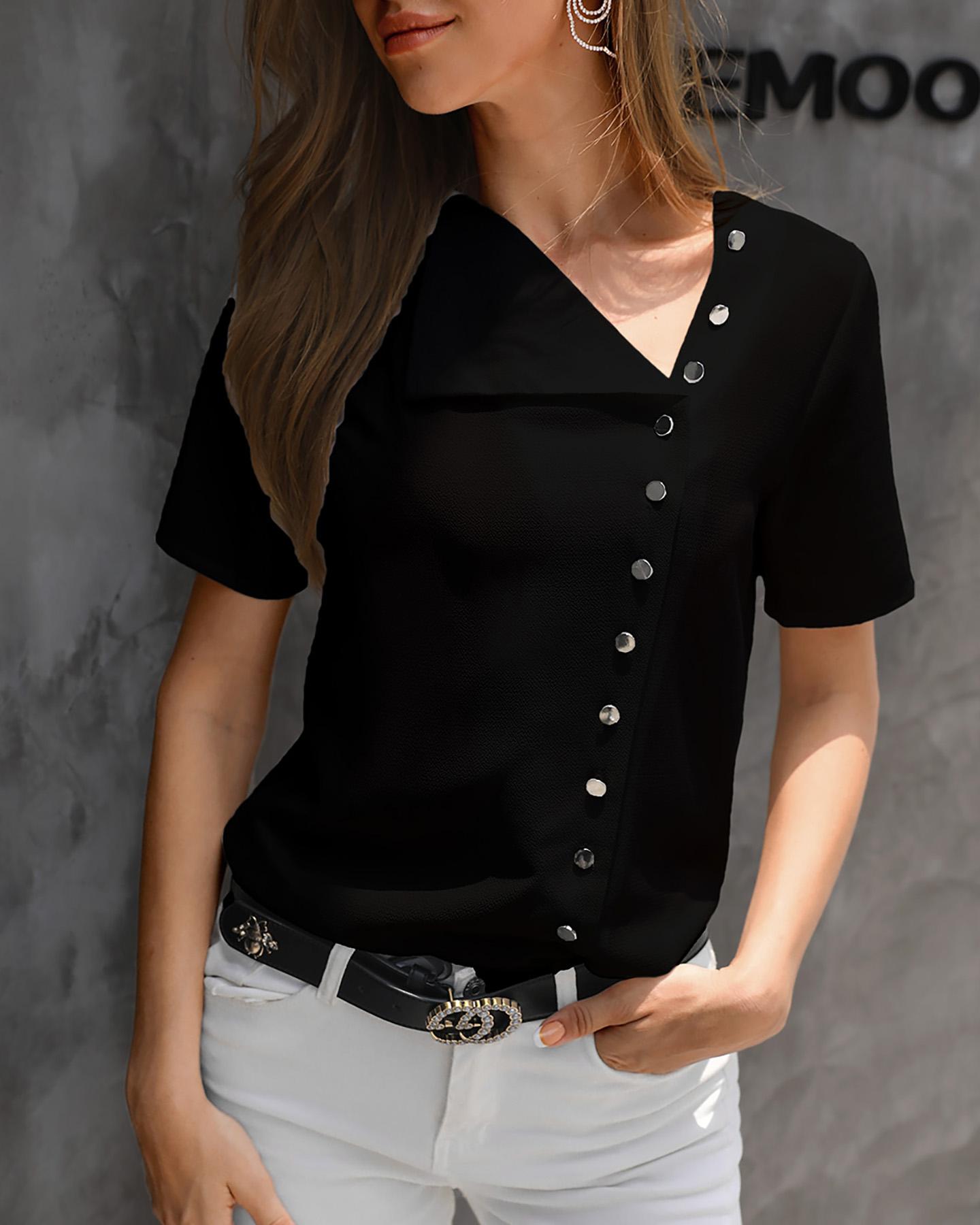 

Short Sleeve Buttoned Casual Women Blouse, Black