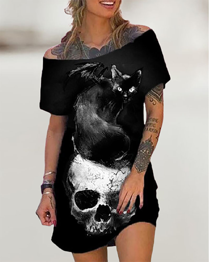 

Halloween Off Shoulder Cat Skull Print T-shirt Dress, Black