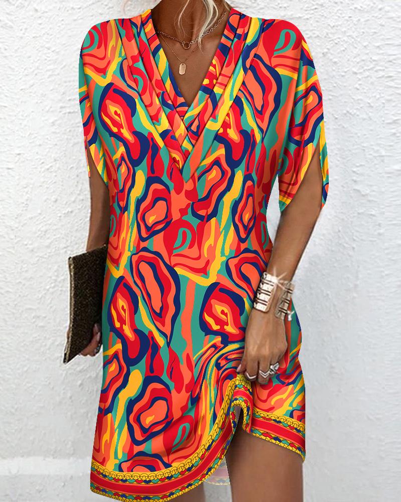 

Multi-Color Abstract Print V-Neck Ruched Casual Dress, Multicolor