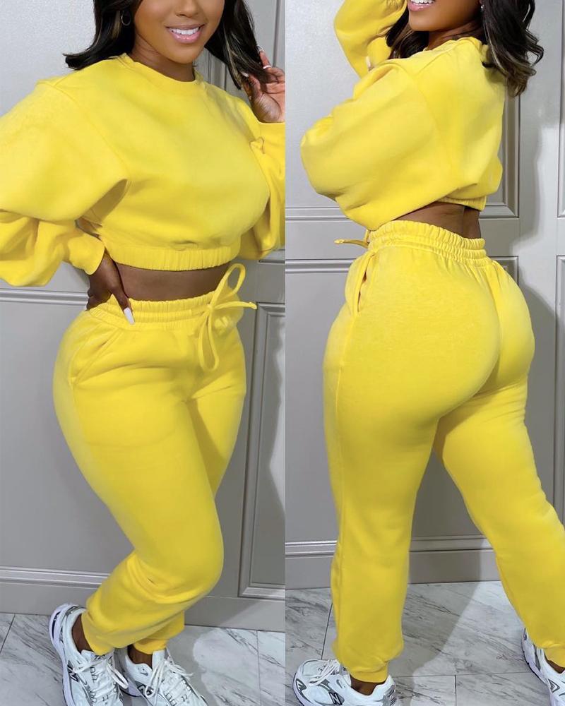 

Long Sleeve Crop Top & Drawstring Pants Set, Yellow