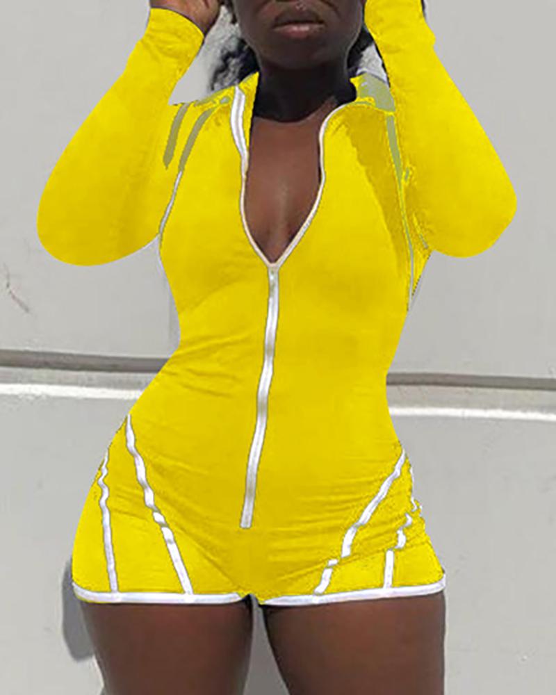 

Long Sleeve Contrast Binding Turn-down Collar Romper, Yellow