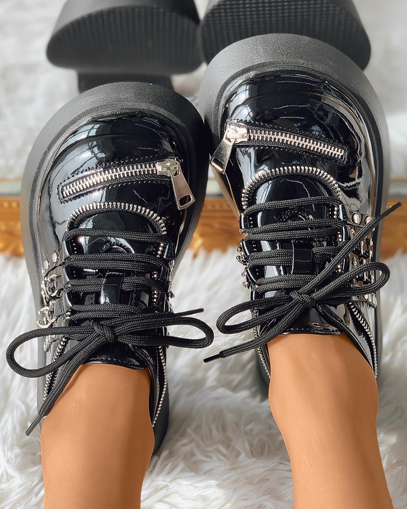 

Zipper Design Lace-Up Studded Decor Flatform Mary Jane, Black