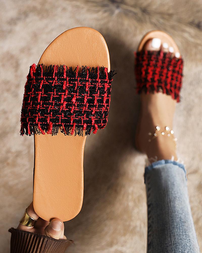 

Round-toe Multicolor Weaves Strap Slippers, Red