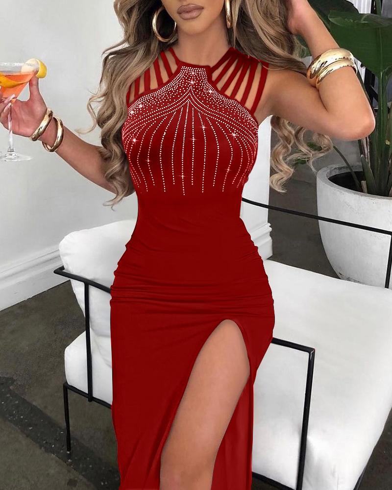 

Rhinestone Decor Multi-Strap High Slit Dress, Red