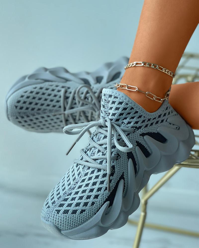 

Colorblock Knit Breathable Lace-up Sporty Sneakers, Gray