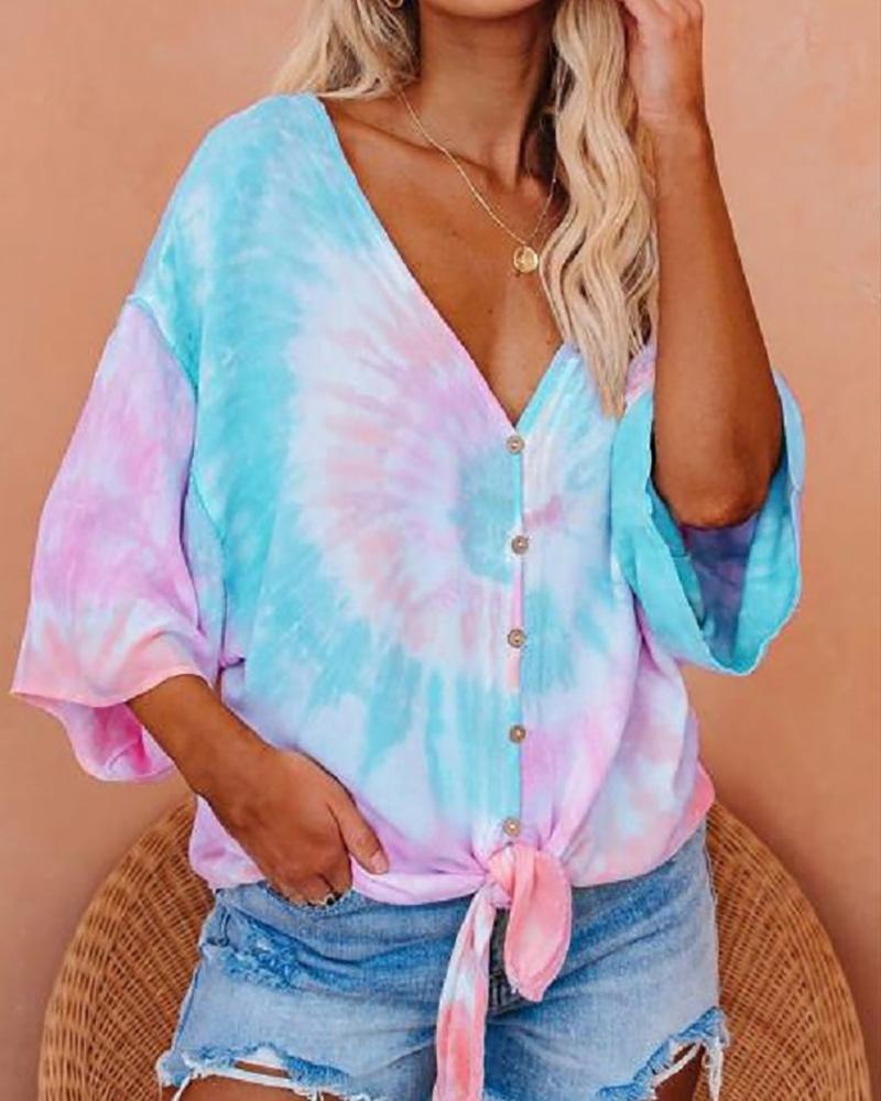 

Tie Dye Print Tie Front Buttoned T-shirt, Green
