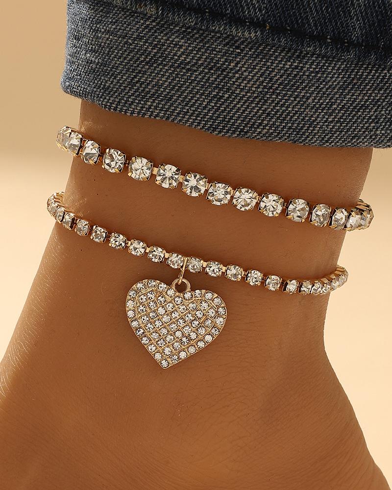 

Ensemble de Bracelets de Cheville Empilables Motif Coeur Strass 2pcs, Gold