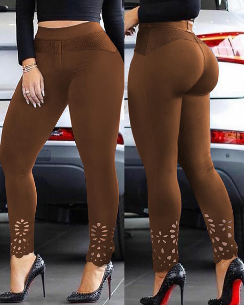 

Plain Hollow Out Skinny Pants, Brown