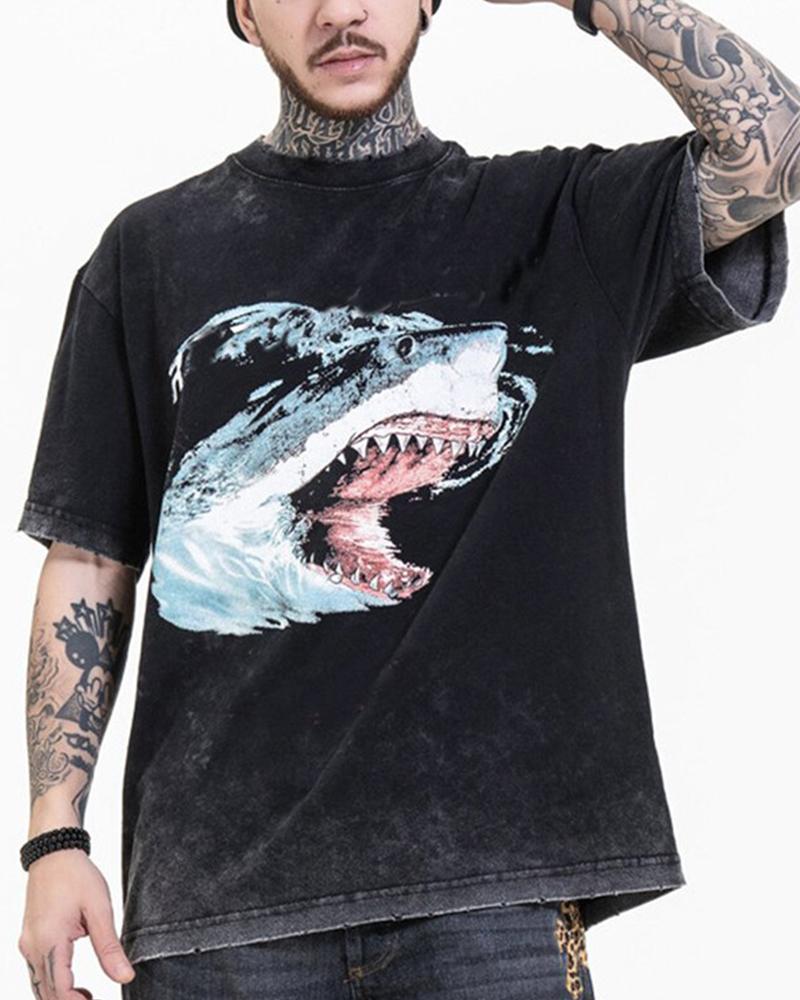 

Shark Print Short Sleeve T-shirt, Black