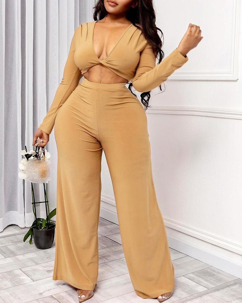 

Ruched Twisted Crop Top & Wide Leg Pants Set, Khaki