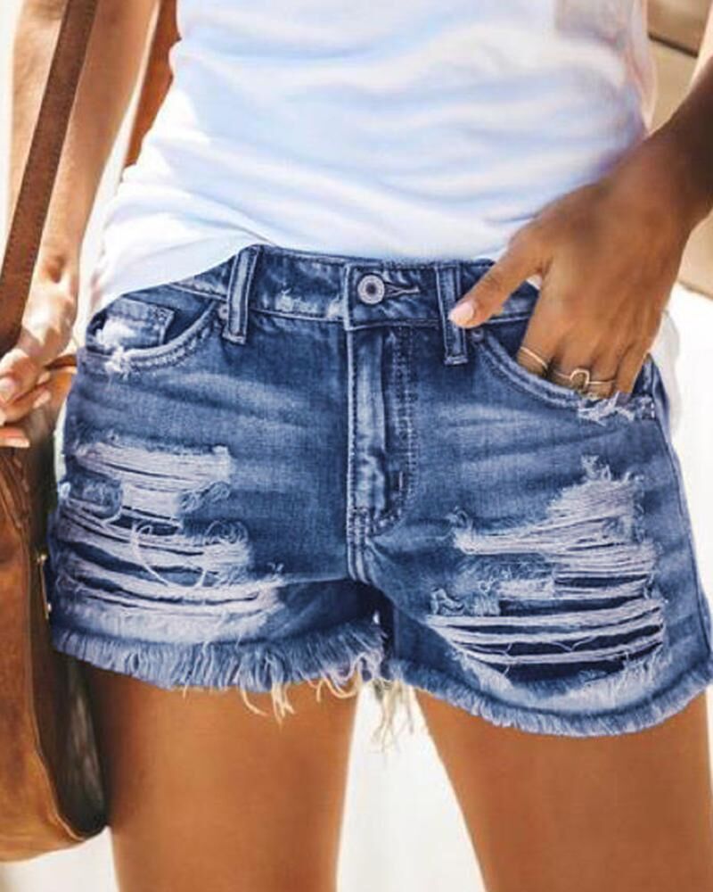 

Frayed Hem Distressed Denim Shorts, Blue