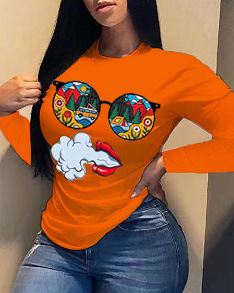 

Plus Size Graphic Figure Print Long Sleeve Top, Orange