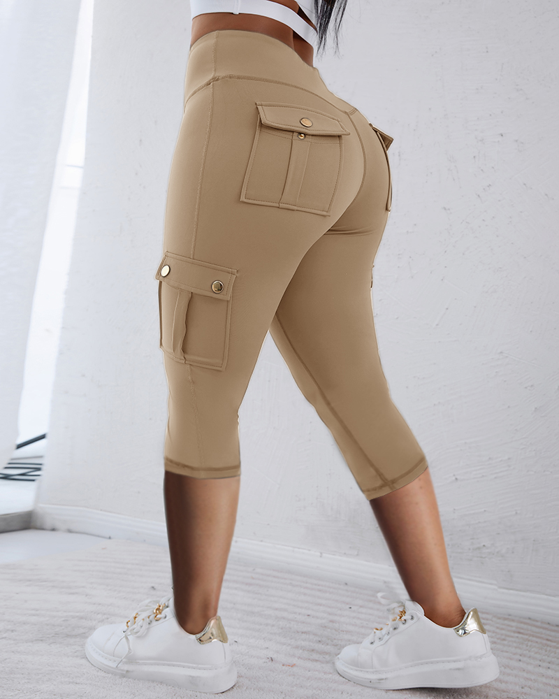 

Butt Lifting Biker Capris Leggings High Waist Flap Pocket Workout Capris Gym Pants, Khaki