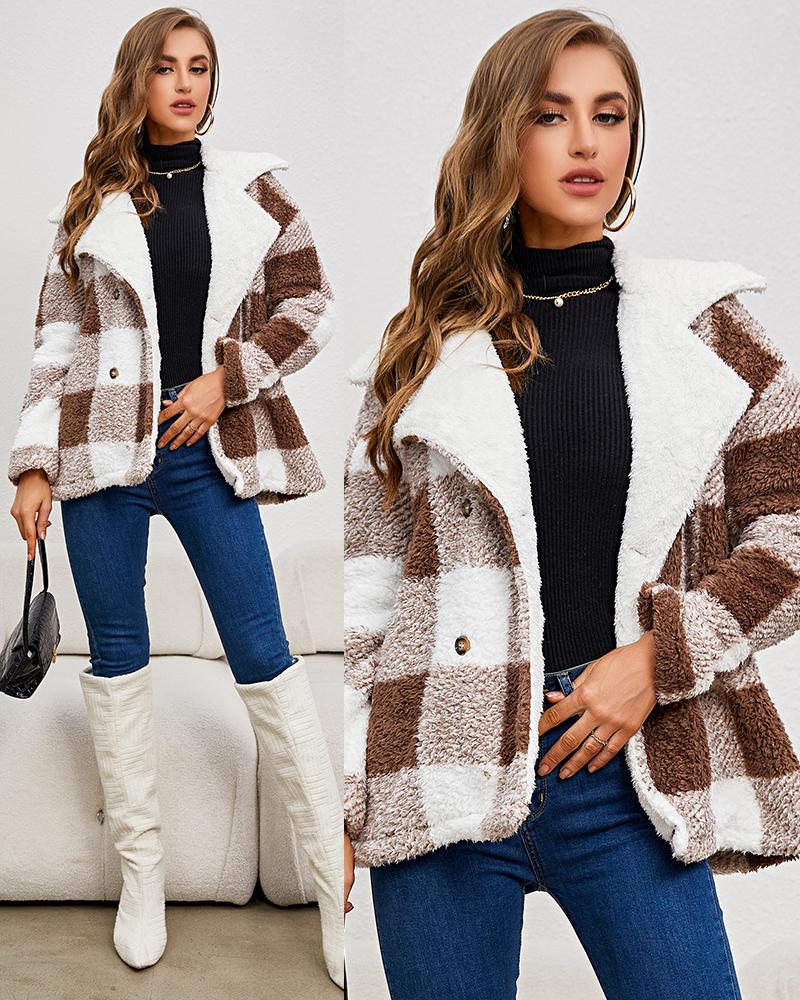

Plaid Print Double Breasted Teddy Coat, Brown