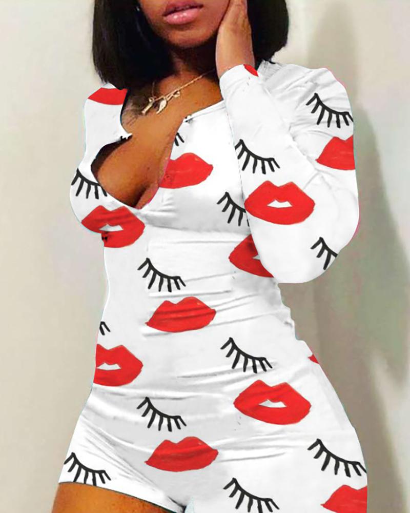 

Lip Cartoon Print Plunge Romper, Red