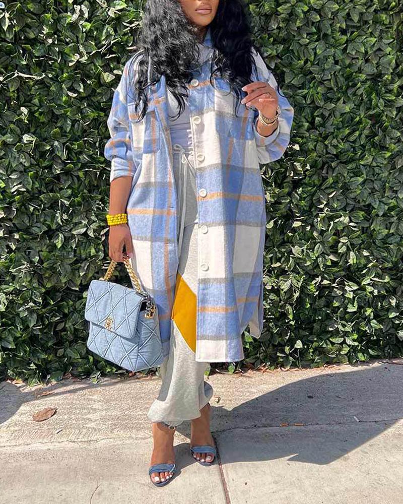 

Plaid Print Button Down Longline Shacket, Blue
