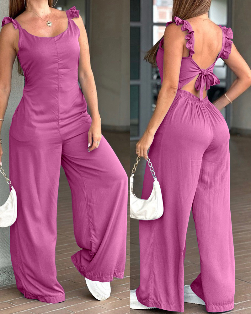 

Scoop Neck Frill Hem Spaghetti Strap Jumpsuit Casual Pocket Design Back Lace Up Rompers, Hot pink