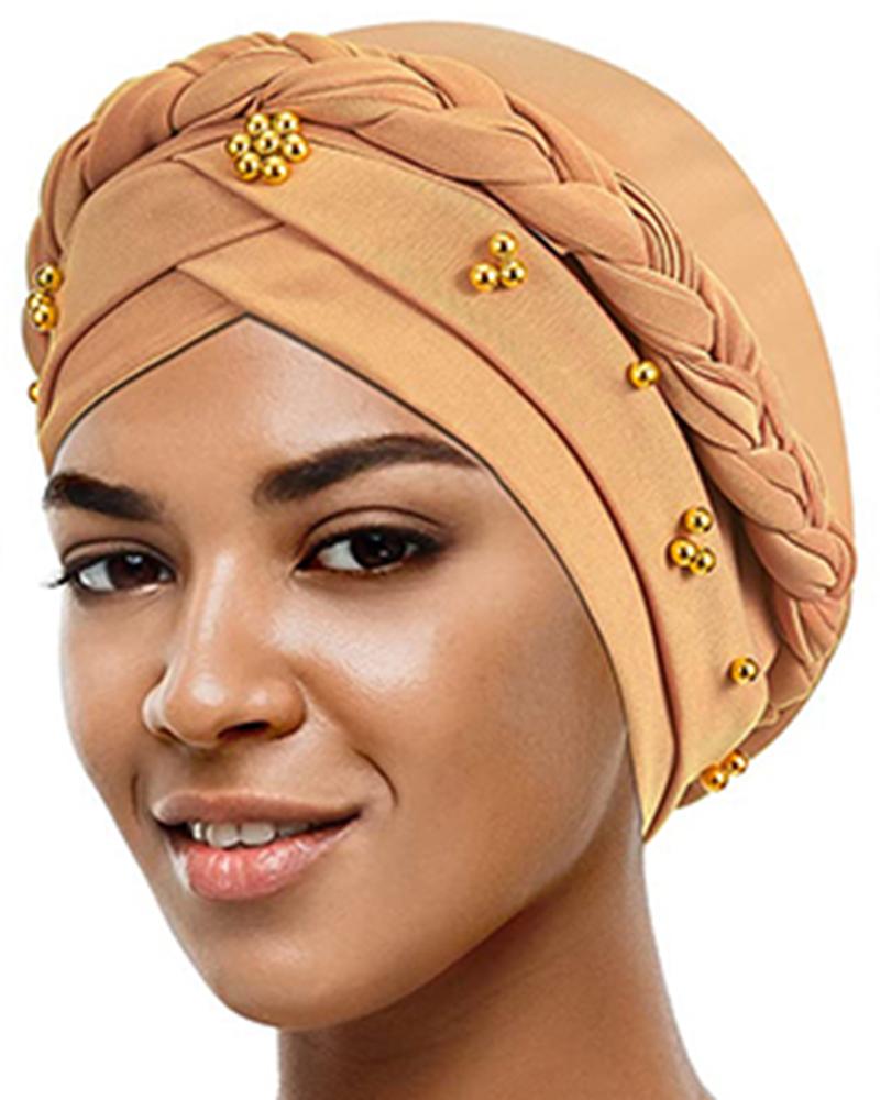

Studded Headwrap Braided Turban Cap Beaded Beanie Hat, Khaki
