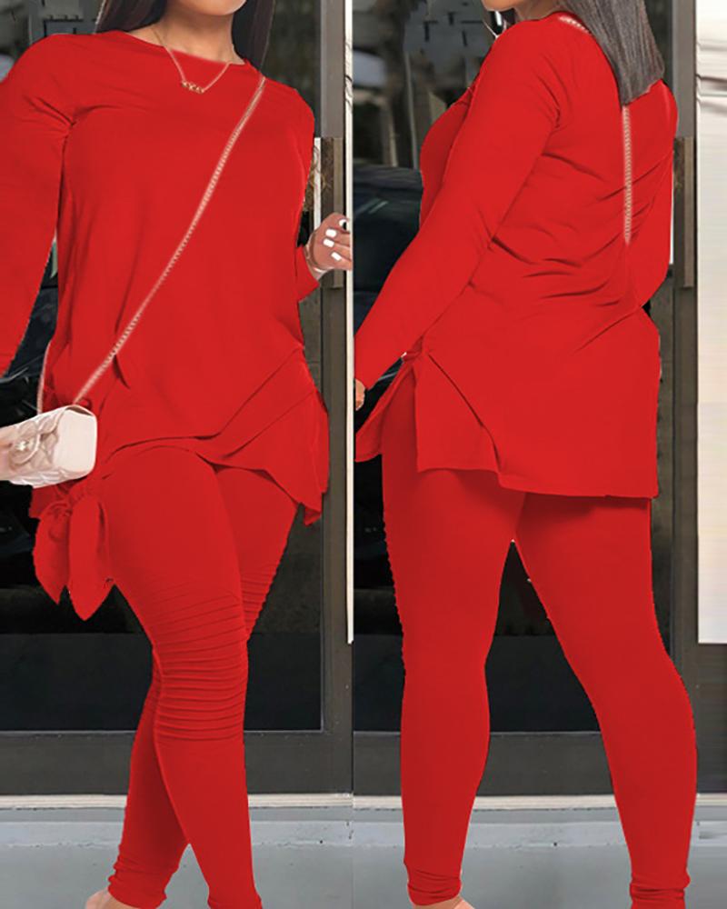 

Knotted Slit Long Sleeve Top & Ruched Pants Set, Red
