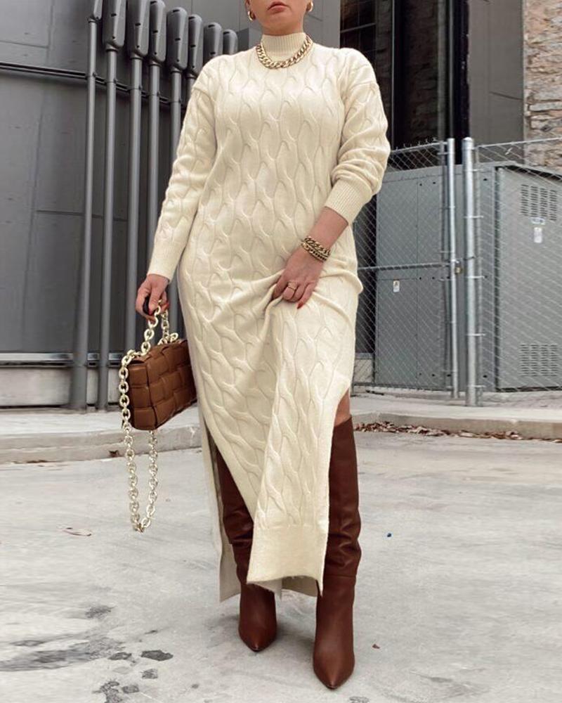 

Plus Size Long Sleeve Split Hem Cable Knit Sweater Dress, Apricot