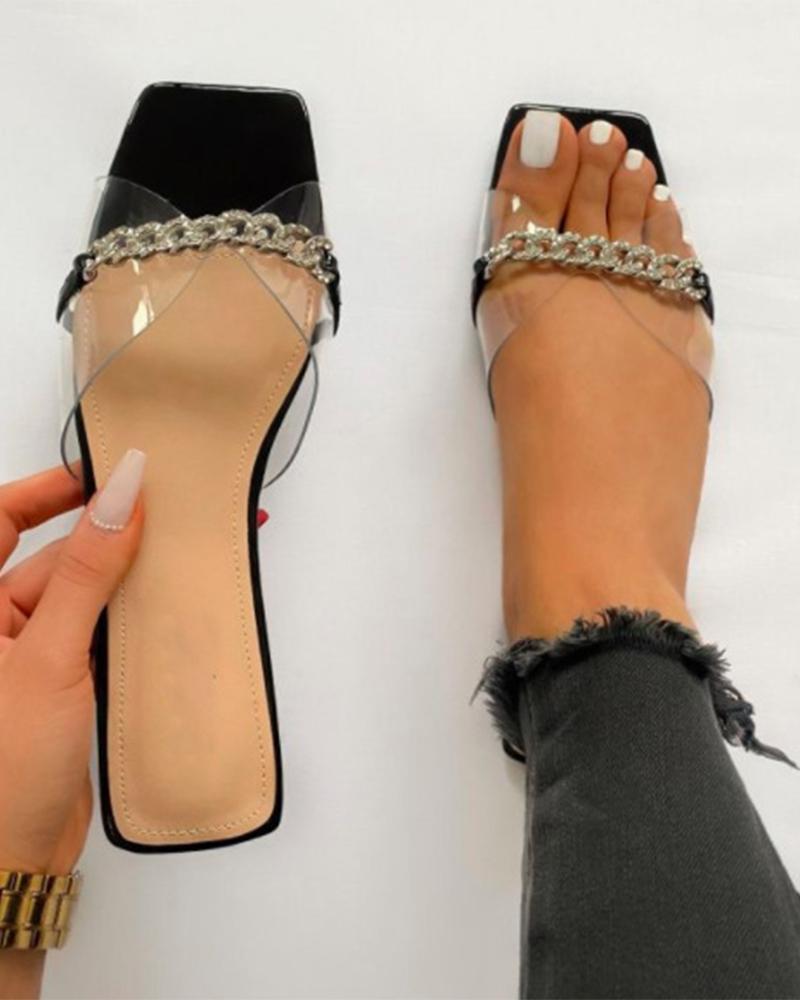 

Square-toe Splicing Chain Open-toe Flat Slippers, Black