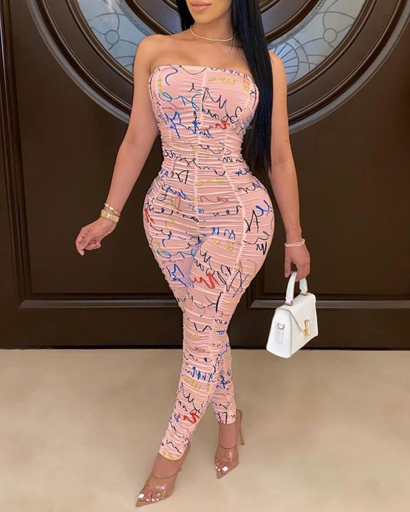 

Off Shoulder Ruched All Over Print Skinny Jumpsuit, Pink