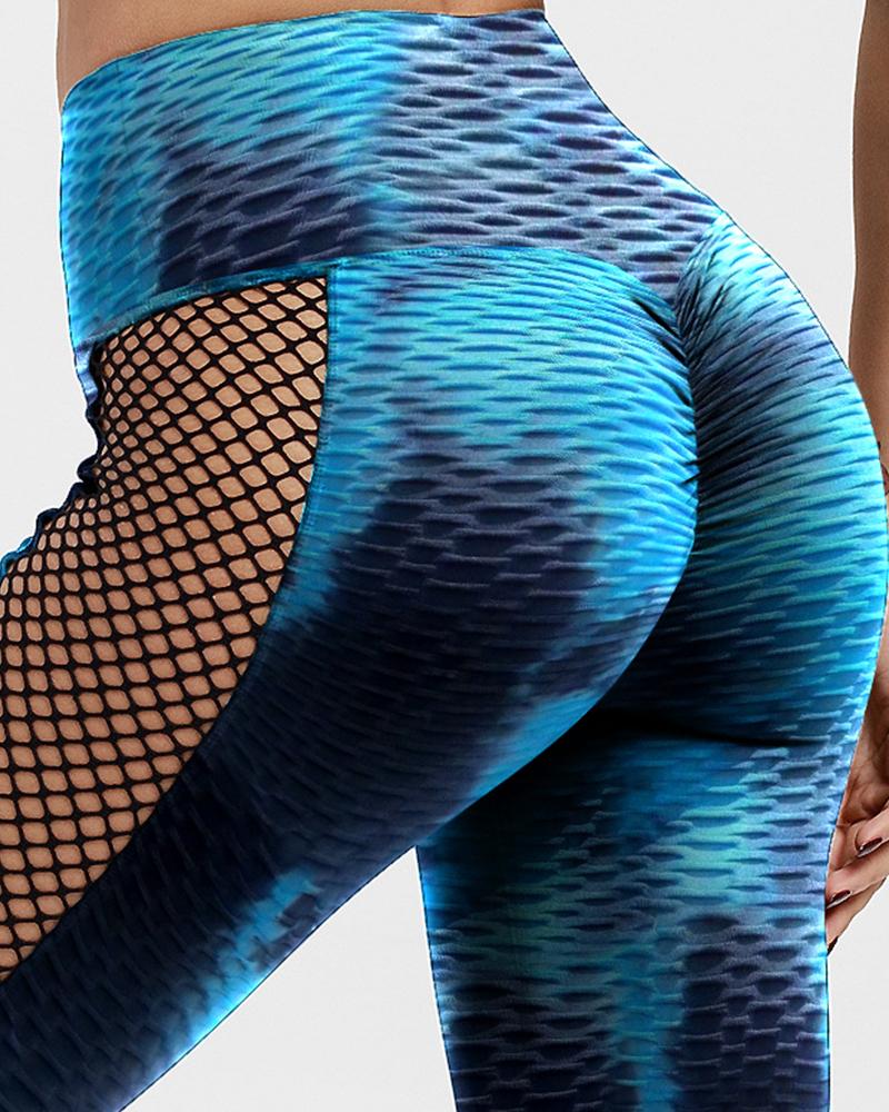 

Tie Dye Print Fishnet Patch Butt Lifting Scrunch Yoga Pants, Multicolor