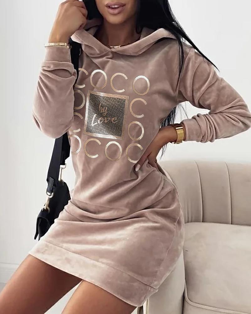 

Letter Print Velvet Hooded Sweatshirt Dress, Coffee