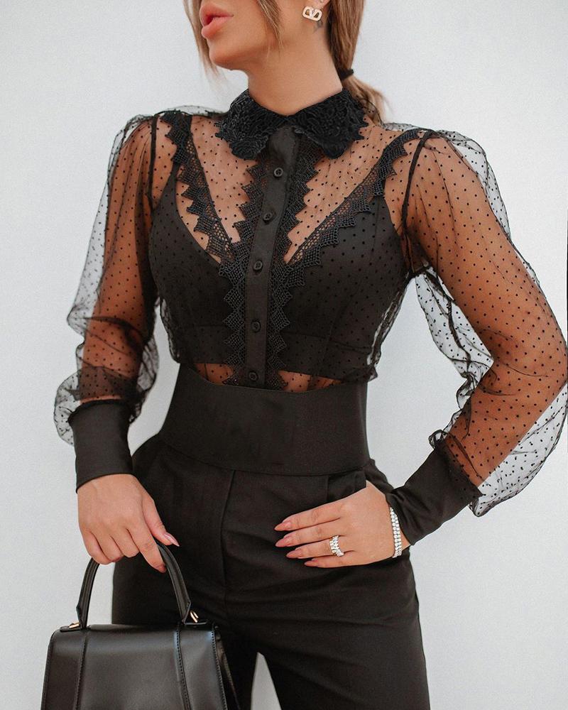 

Dot Mesh Sheer Guipure Lace Buttoned Long Sleeve Shirt See-through Casual Blouse, Black