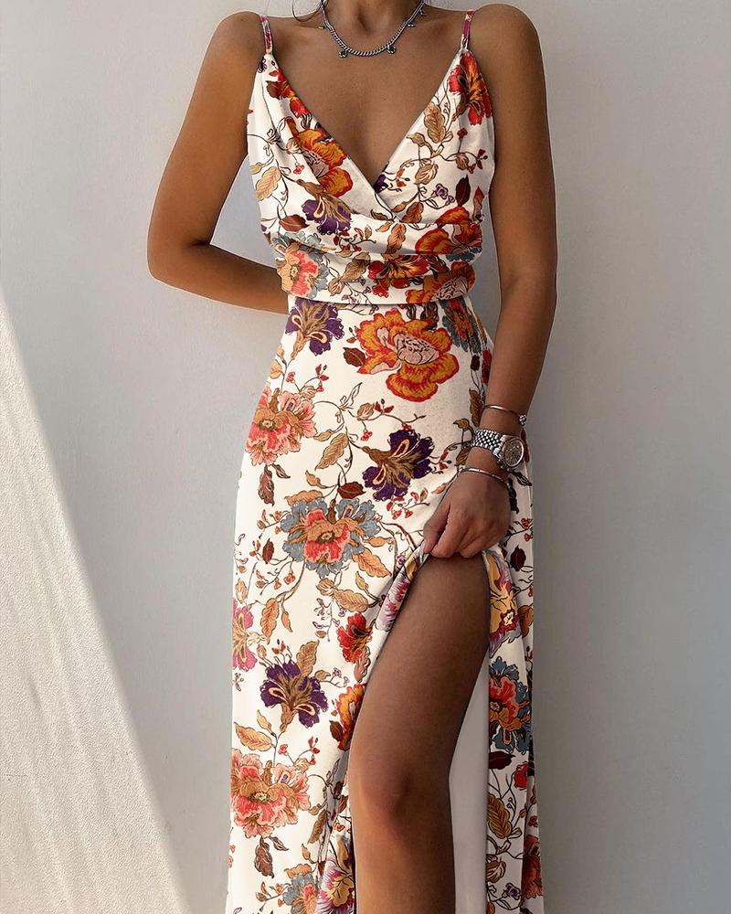 

Floral Print Split Thigh Slip Dress, Multicolor