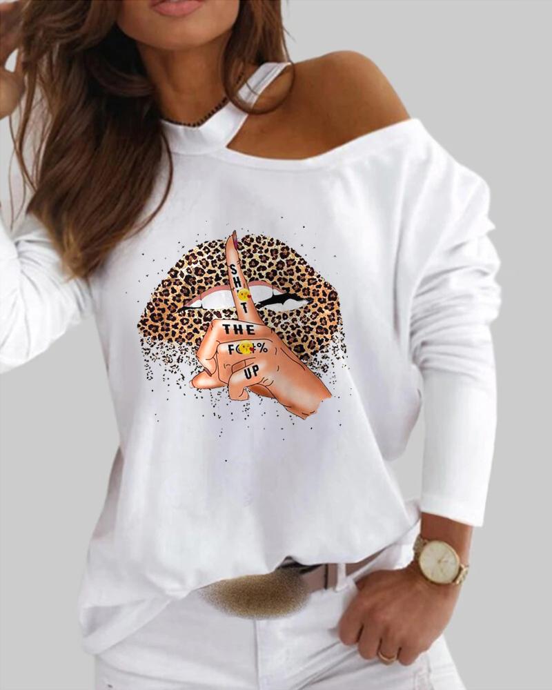 

Slogan Print Cold Shoulder Top, White
