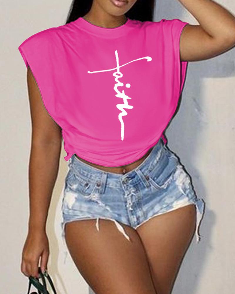 

Letter Print Tied Detail Crop Top, Hot pink