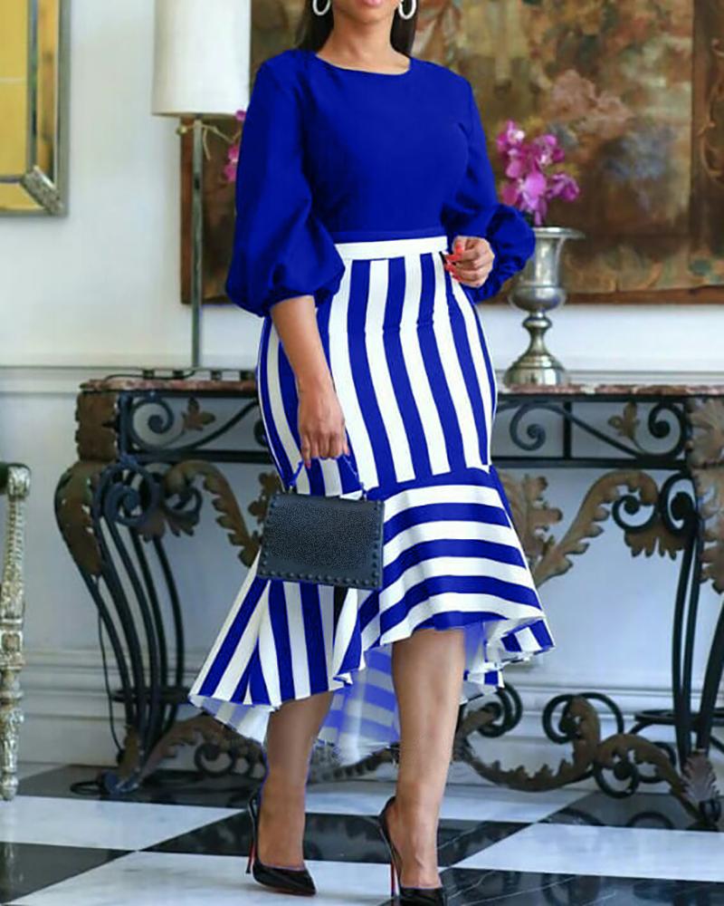 

Lantern Sleeve Striped Print Colorblock Ruffles Dress, Blue