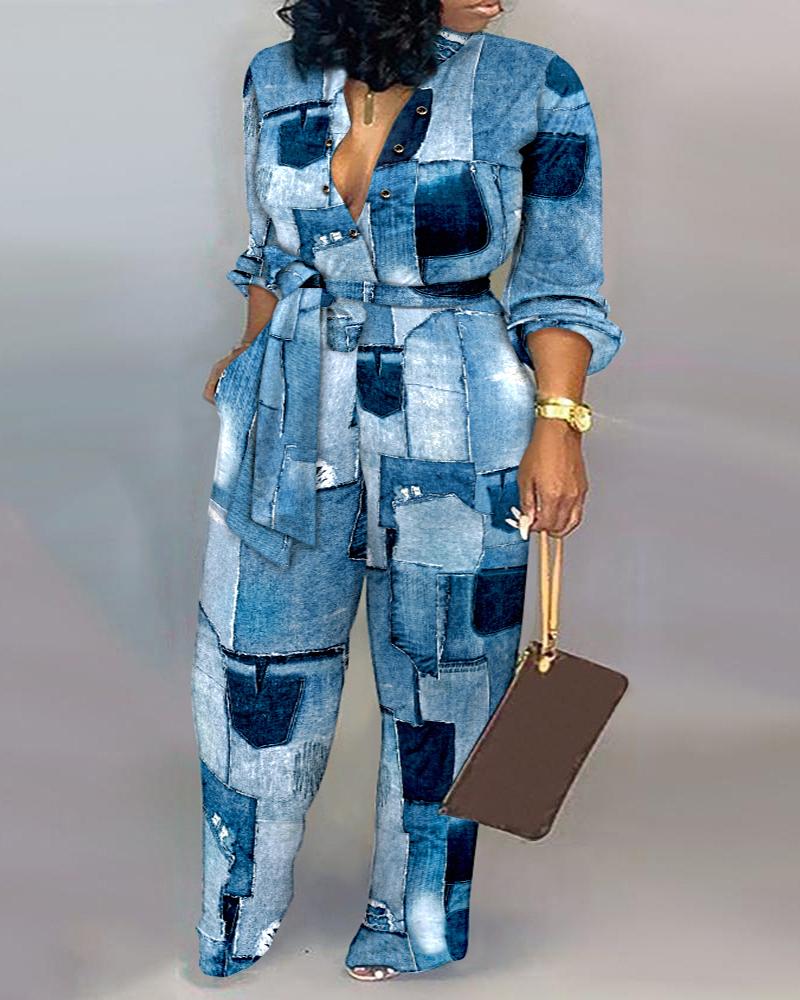 

Plus Size Denim Look Print Long Sleeve Belted Jumpsuit, Blue
