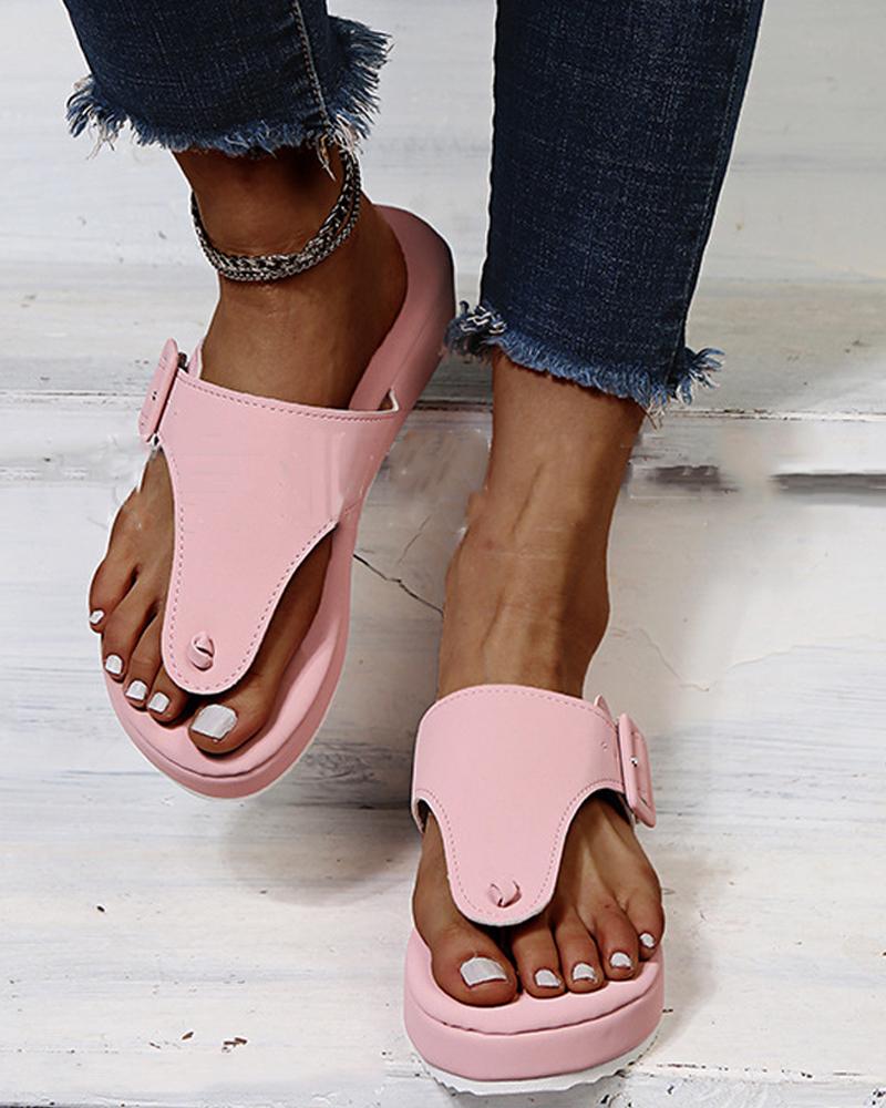 

Round-toe Solid Color Toe Post Platform Slippers, Pink