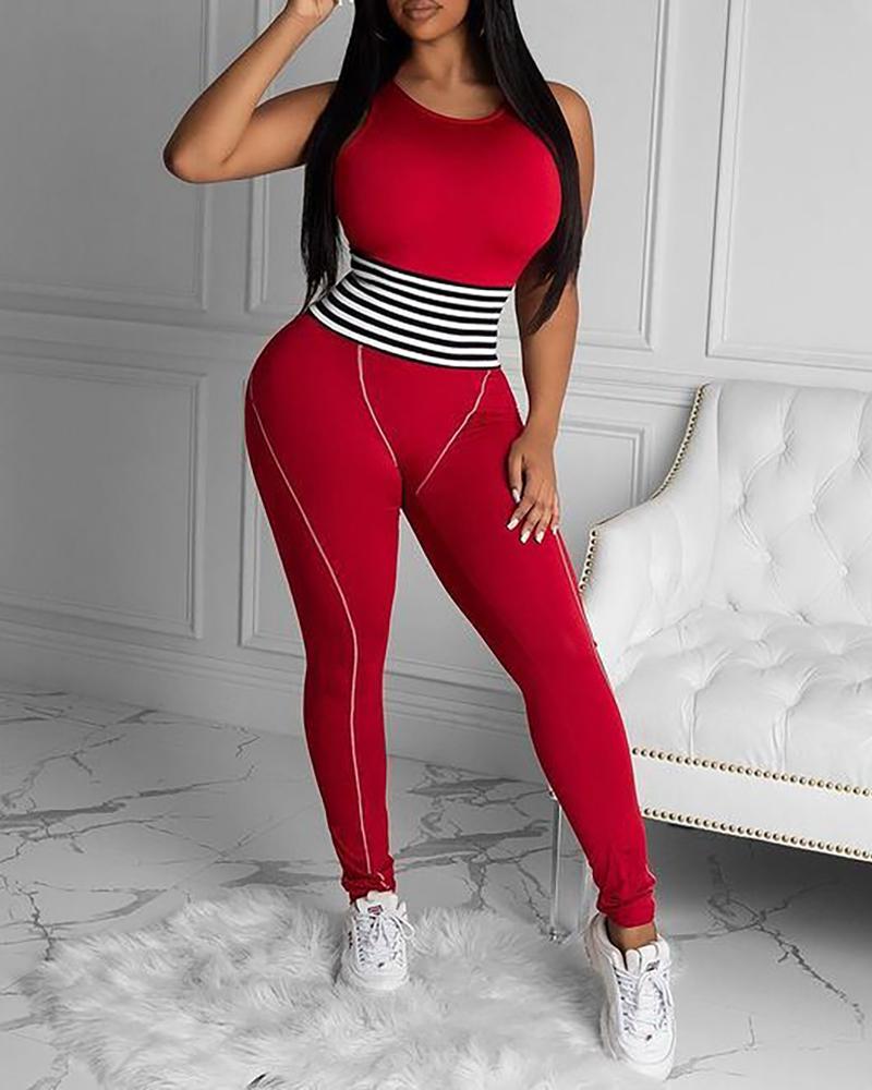 

Striped Contrast Piping Colorblock Sleeveless Skinny Jumpsuit, Wine red