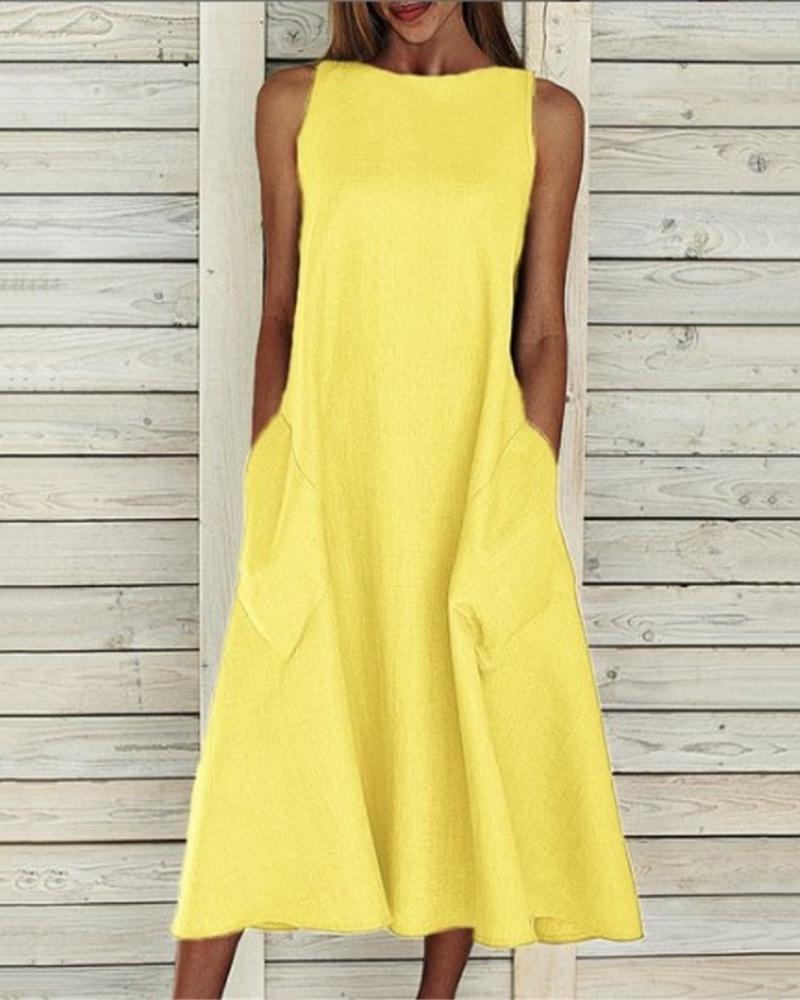 

Pocket Design Sleeveless Casual Swing Dress, Yellow