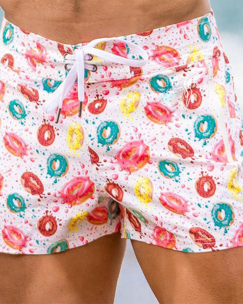 

Multicolor Donuts Print Loose Shorts, White