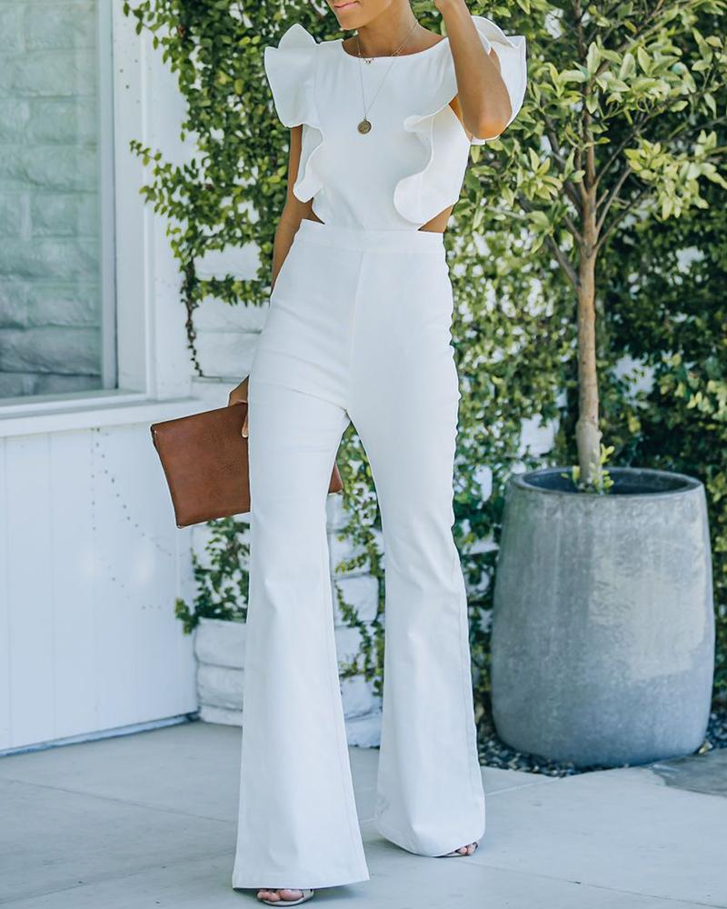 

Solid Color Cut-out Ruffle Hem Sleeveless Jumpsuits, White