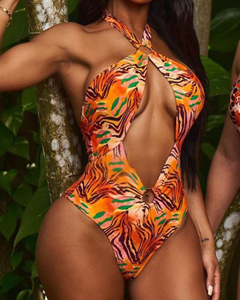 

Leopard Print O-Ring Cutout Halter One Piece Swimsuit