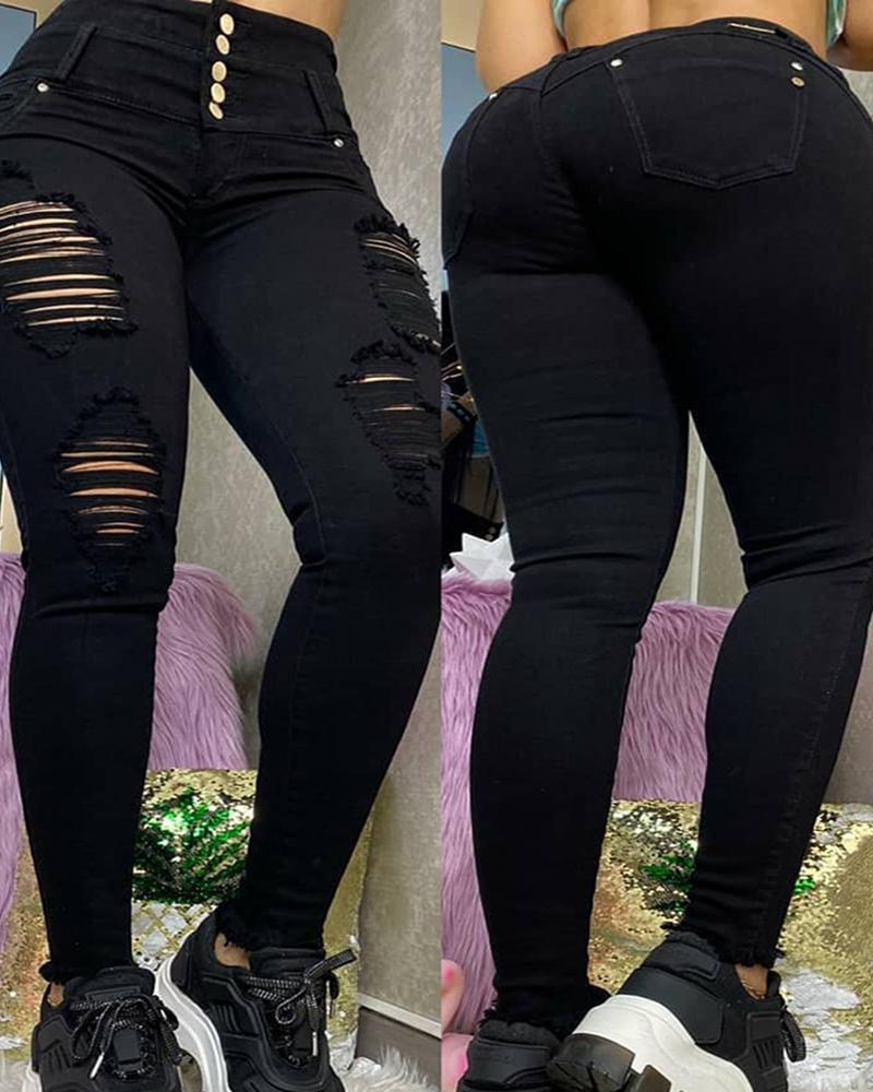 

Plain Buttoned Cut Out Ripped Pants, Black