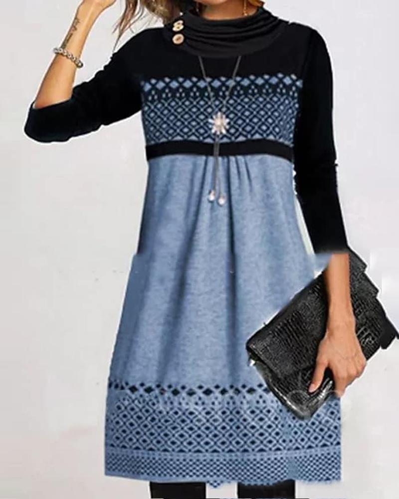 

Geometric Print Button Detail Casual Dress, Blue