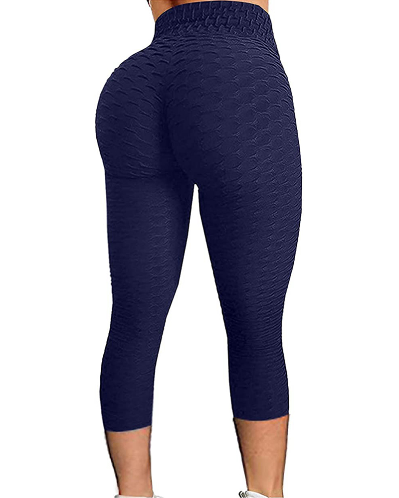 

High Waisted Textured Tummy Control Butt Lifting Yoga Pants, Dark blue