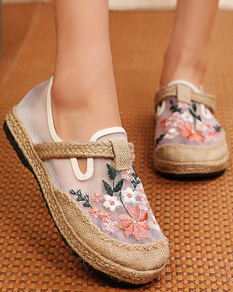 

National Style Floral Embroidery Sheer Mesh Slip-on, Red