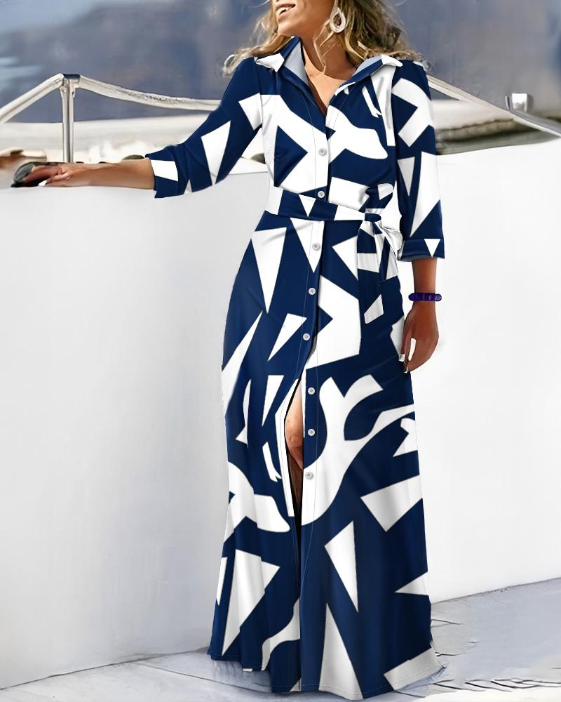 

Geometric Print Tied Detail Buttoned Shirt Dress, Dark blue