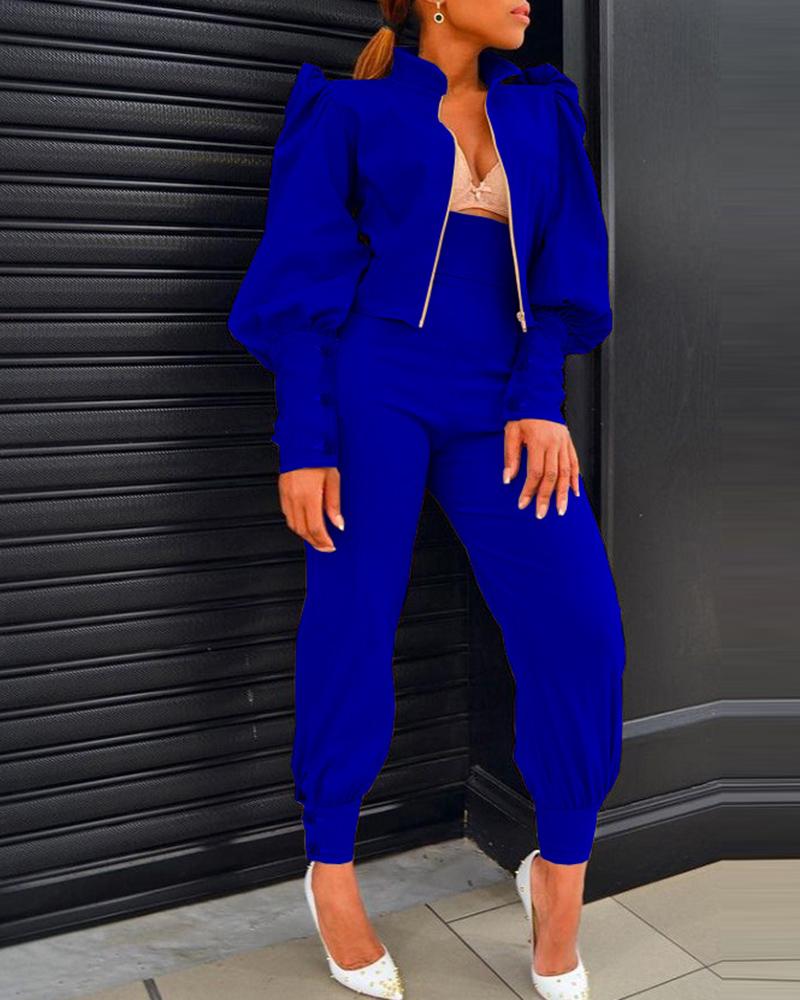 

Lantern Puff Sleeve Zipper Design Top & Pants Set, Blue
