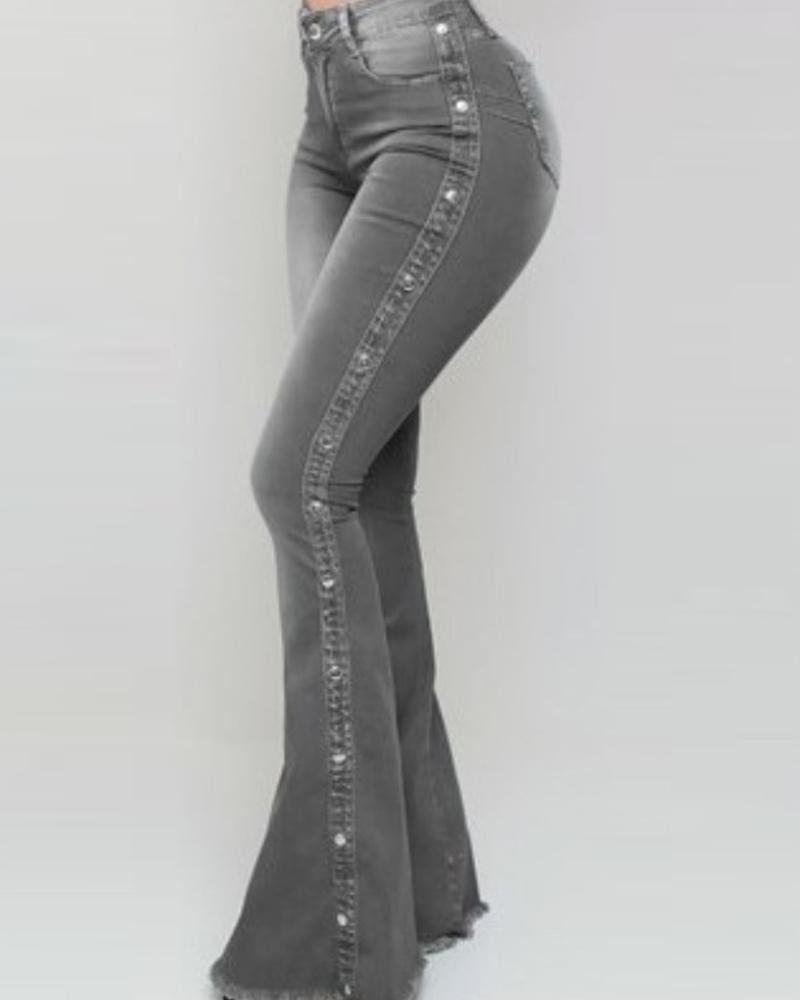 

Washed Beaded High Waist Zipper Fly Raw Hem Flared Leg Stretch Skinny Jeans, Gray